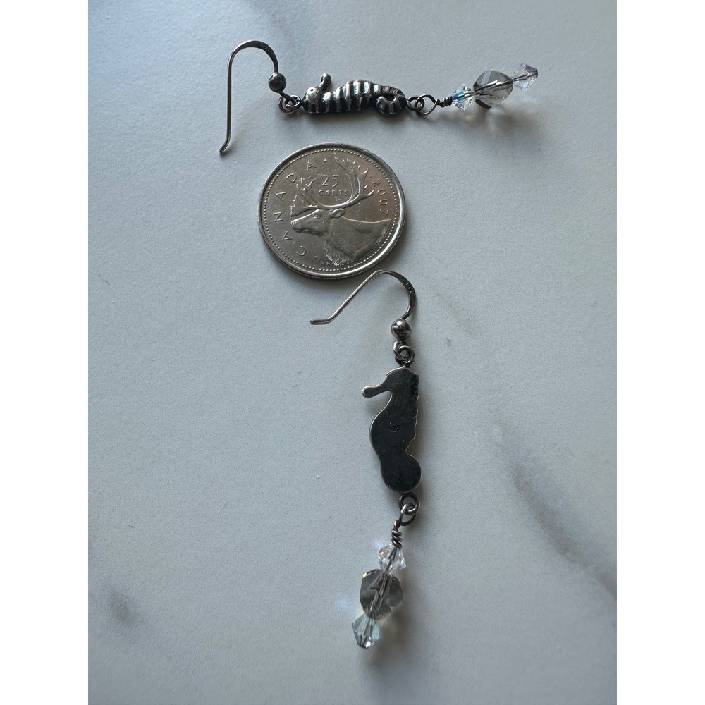 Sterling Silver Seahorse Dangle Earrings Oxidized Crystal Beads 925 Nautical - Picture 5 of 6
